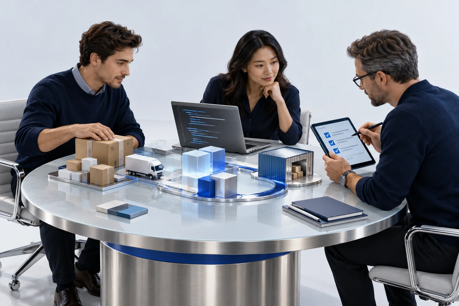Concept illustration of operations, engineering, and review professionals collaborating.