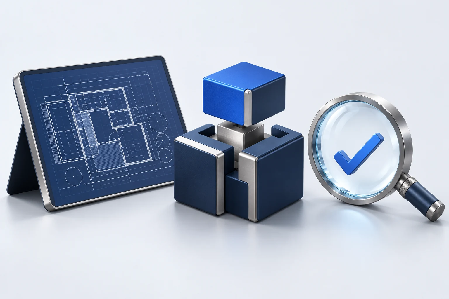 A blueprint, modular system, and inspection lens represent planning, building, and testing.